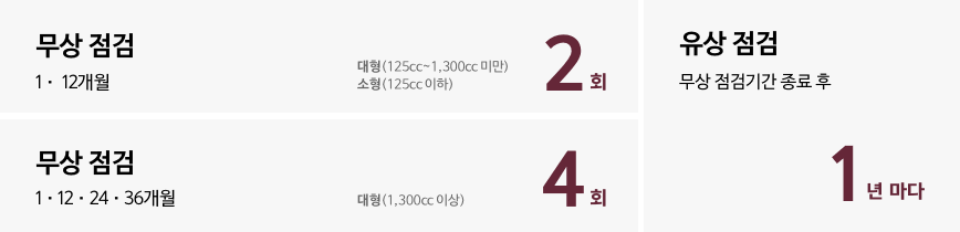 무상 점검(1~12개월) : 대형(125cc~1,300cc 미만),소형(125cc 이하) 2회